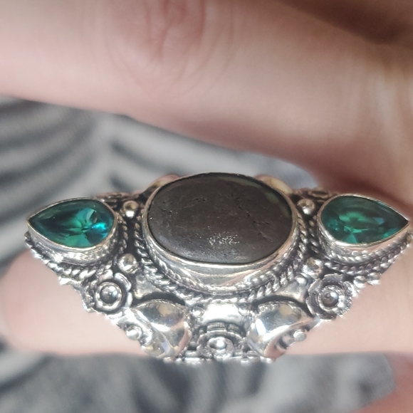New Turquoise & Diopside 925 Silver Crescent Moon Statement Ring. - Picture 7 of 12